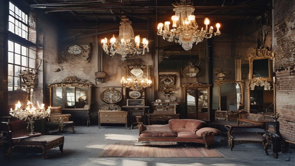 Antique chandeliers, ornate mirrors and vintage furniture in warehouse setting