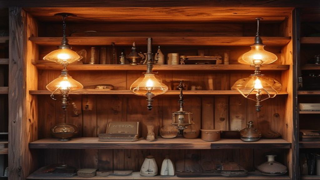 Vintage brass light fixtures on timber shelving at Burrell Salvage