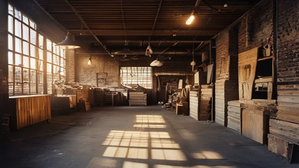 Inside the Burrell Salvage warehouse — warm light on stacks of reclaimed timber and architectural pieces