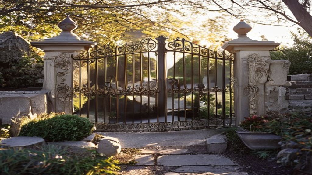 Ornate iron gates and stone garden pieces at golden hour