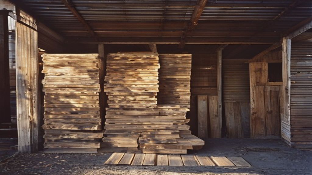 Stacks of reclaimed timber in the Burrell Salvage warehouse